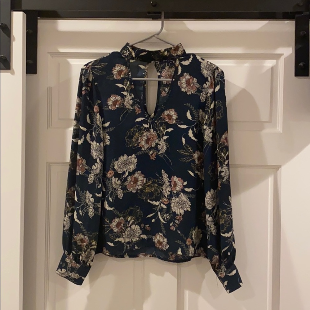 Navy blue long sleeve floral blouse